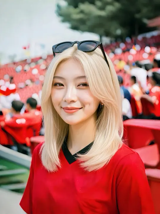 A woman cheering in the stands in a red jersey