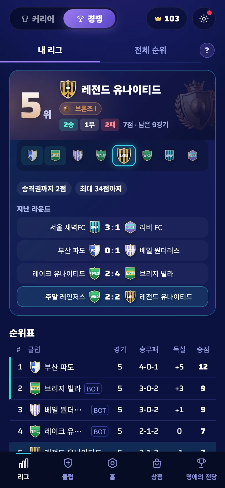 Online club league table