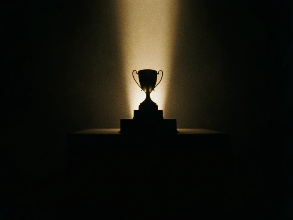 A trophy glowing on a dark stage