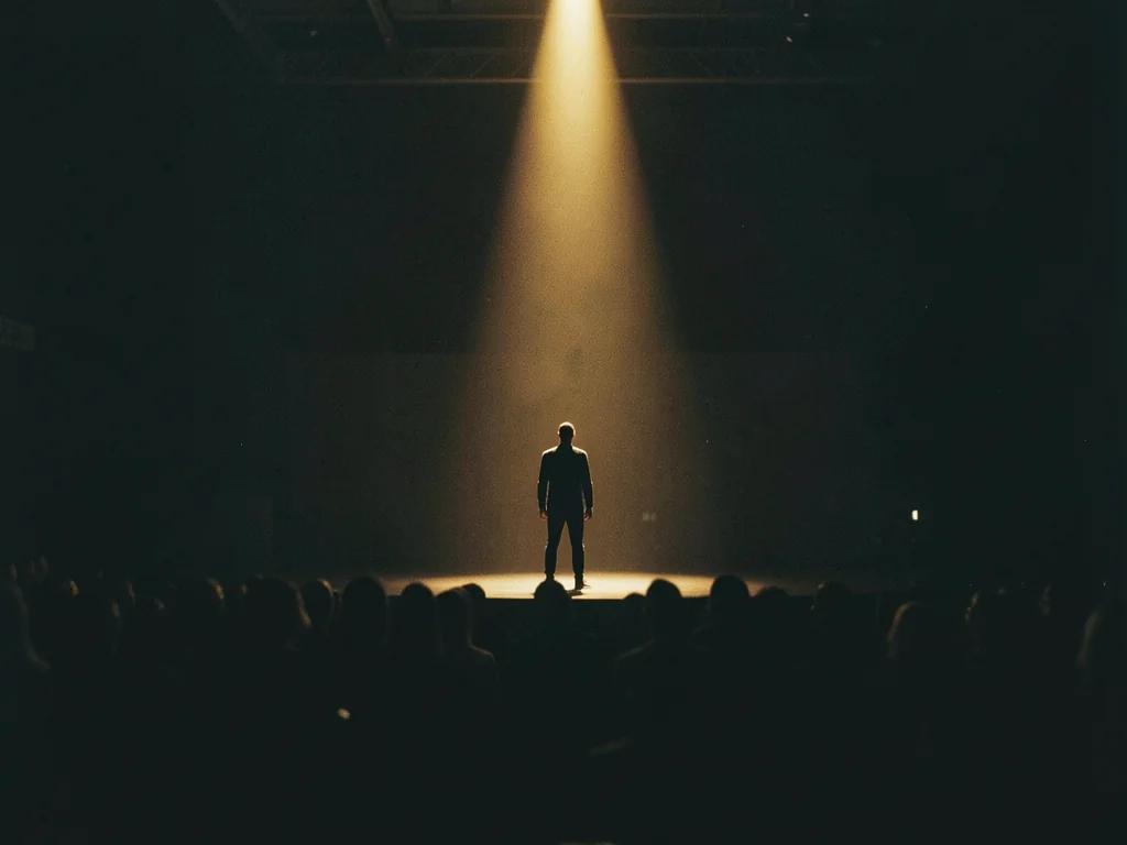 A lone figure under a spotlight on a dark stage