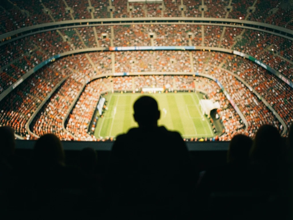 A silhouette facing a giant stadium